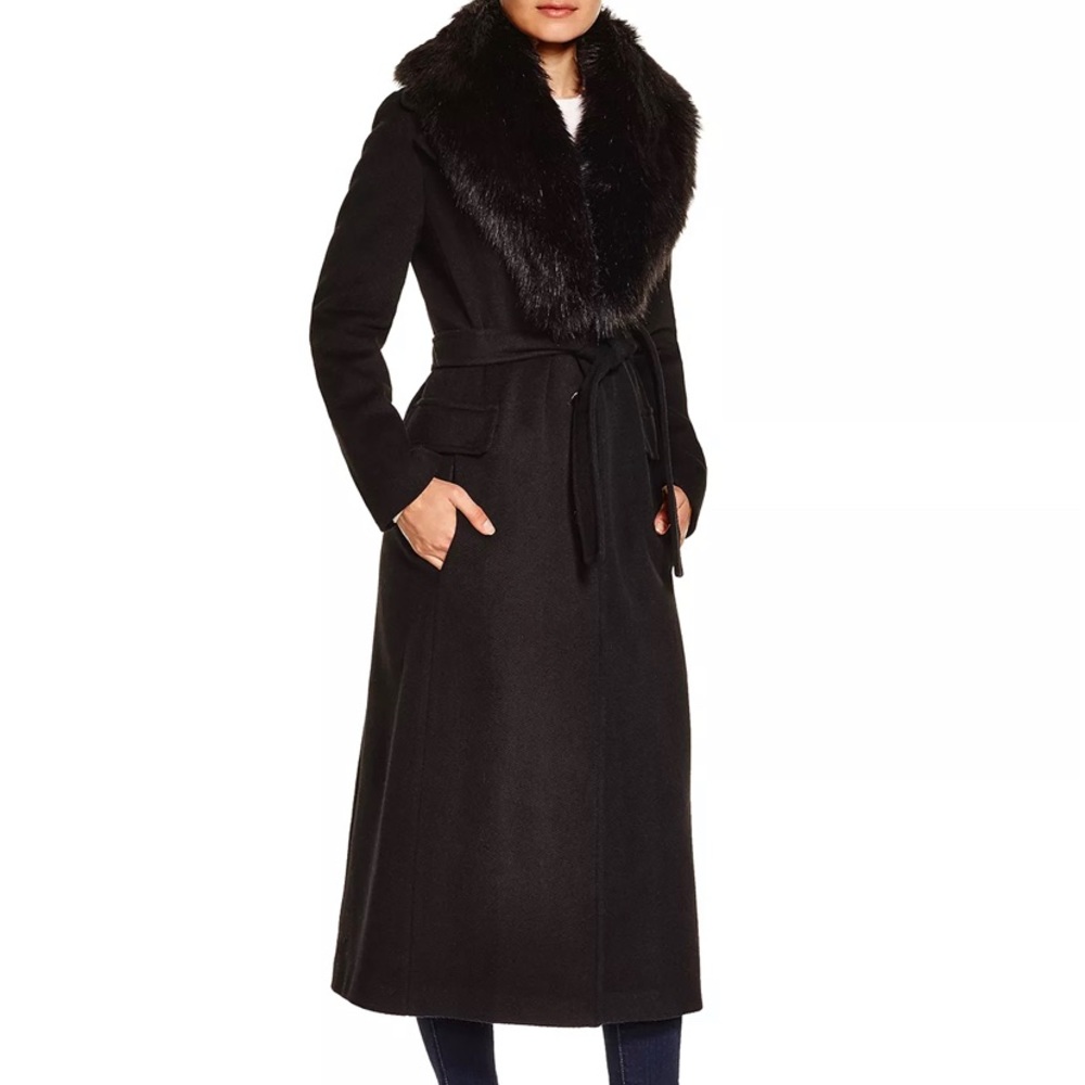 CALVIN KLEIN Faux Fur Shawl Collar Belted Maxi Coat